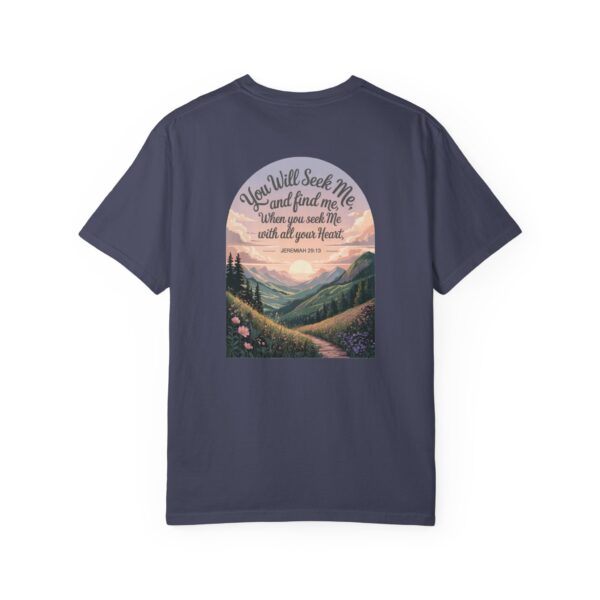 Navy Christian t-shirt with Jeremiah 29:13 scripture, mountain valley, and sunset graphic.