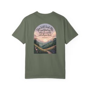 Green Christian t-shirt with Jeremiah 29:13 scripture, mountain valley, and sunset graphic.