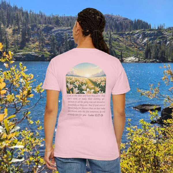 Model of Look at the Lilies and How They Grow Christian T-Shirt - Luke 12:27-28 48