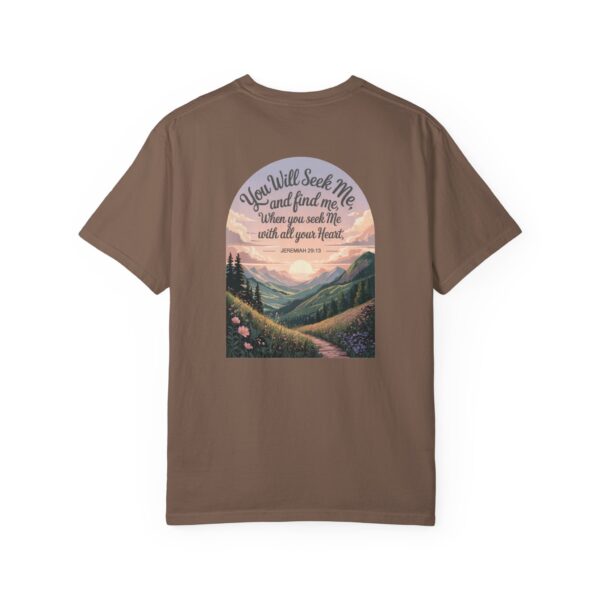 Brown Christian t-shirt with Jeremiah 29:13 scripture, mountain valley, and sunset graphic.