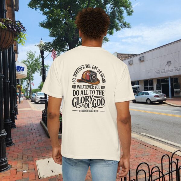 Model of Christian Firefighter T-Shirt 1 Corinthians 10:31 - Do All to the Glory of God 8