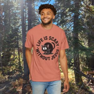 Life Is Scary Without Jesus Christian T-Shirt - Scared Black Cat Tee - Image 10