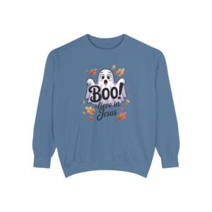 Blue Boo! -lieve in Jesus Halloween Sweatshirt, design showing a cute ghost with fall leaves.