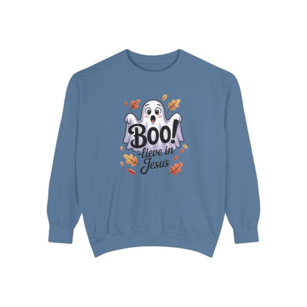 Blue Boo! -lieve in Jesus Halloween Sweatshirt, design showing a cute ghost with fall leaves.