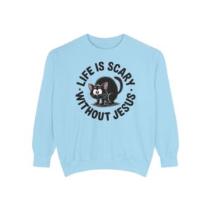 Blue Life is Scary Without Jesus Halloween Sweatshirt, design showing a cute frightened black cat.
