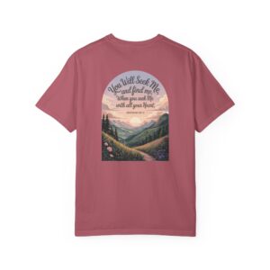 Pink Christian t-shirt with Jeremiah 29:13 scripture, mountain valley, and sunset graphic.