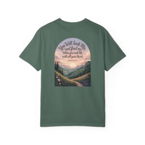Green Christian t-shirt with Jeremiah 29:13 scripture, mountain valley, and sunset graphic.