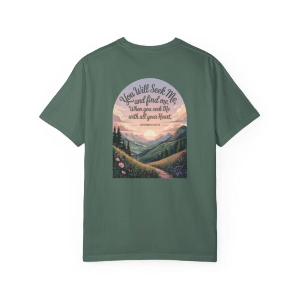Green Christian t-shirt with Jeremiah 29:13 scripture, mountain valley, and sunset graphic.