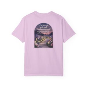 Pink Christian t-shirt with John 8:12 scripture, lit stairway path with flowers and sunset design.