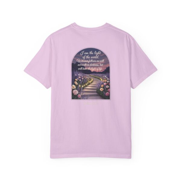 Pink Christian t-shirt with John 8:12 scripture, lit stairway path with flowers and sunset design.