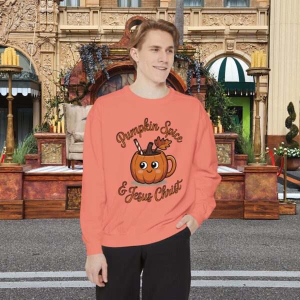 Model of Pumpkin Spice and Jesus Christ Fall Christian Sweatshirt 14