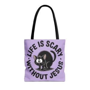 Life Is Scary Without Jesus Christian Tote Bag - Black Cat Canvas Tote Bag - Image 7