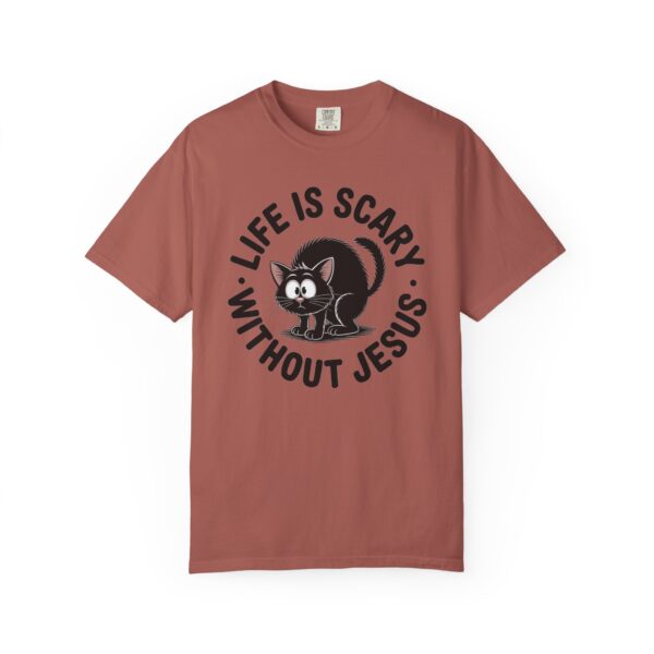 Model of Life Is Scary Without Jesus Christian T-Shirt - Scared Black Cat Tee 6