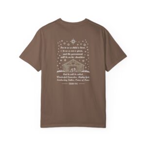 Brown Christian t-shirt with Isaiah 9:6 scripture, stars and barn design.