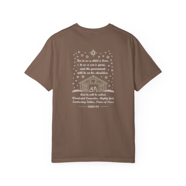 Brown Christian t-shirt with Isaiah 9:6 scripture, stars and barn design.