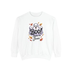 White Boo! -lieve in Jesus Halloween Sweatshirt, design showing a cute ghost with fall leaves.