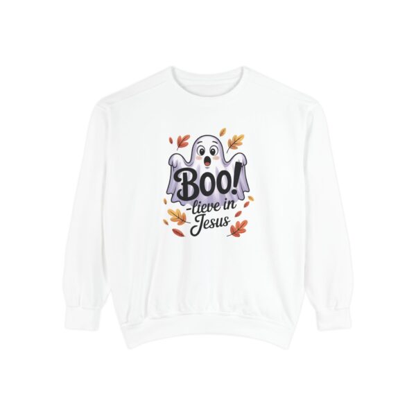 White Boo! -lieve in Jesus Halloween Sweatshirt, design showing a cute ghost with fall leaves.