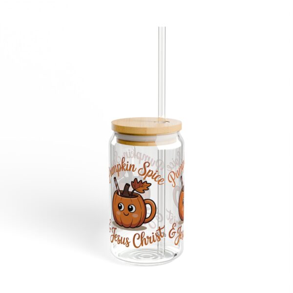 Pumpkin Spice & Jesus Christ 16oz Sipper Glass 11 Model of Pumpkin Spice & Jesus Christ 16oz Sipper Glass 10