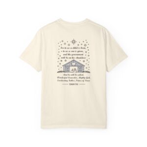 Ivory Christian t-shirt with Isaiah 9:6 scripture, stars and barn design.