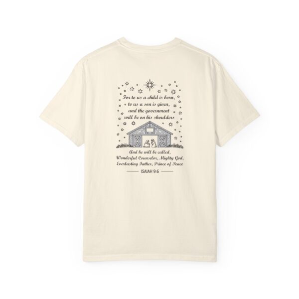 Ivory Christian t-shirt with Isaiah 9:6 scripture, stars and barn design.