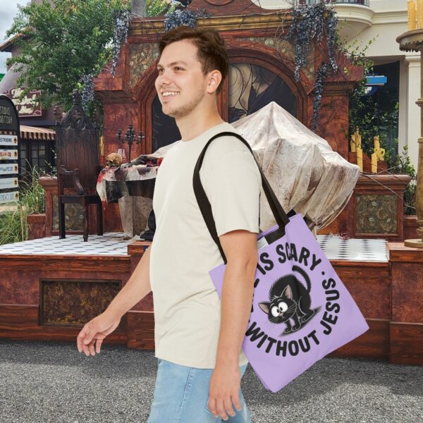Model of Life Is Scary Without Jesus Christian Tote Bag - Black Cat Canvas Tote Bag 14