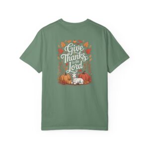 Green Give Thanks to the Lord t-shirt with Thanksgiving design showing a lamb, pumpkins, and fall leaves.