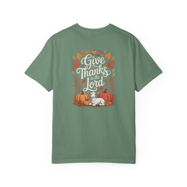 Green Give Thanks to the Lord t-shirt with Thanksgiving design showing a lamb, pumpkins, and fall leaves.