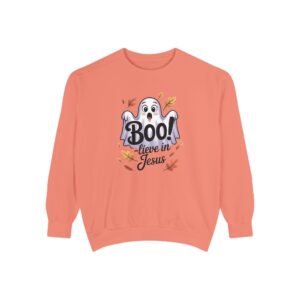 Orange Boo! -lieve in Jesus Halloween Sweatshirt, design showing a cute ghost with fall leaves.