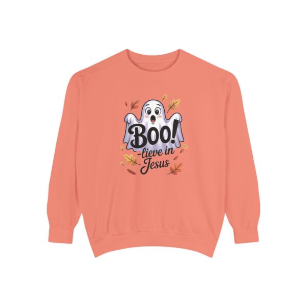 Orange Boo! -lieve in Jesus Halloween Sweatshirt, design showing a cute ghost with fall leaves.