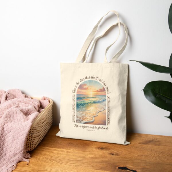 Model of This is the Day the Lord Has Made Canvas Tote Bag – Psalm 118:24 Beach Sunrise Christian Tote Bag 12