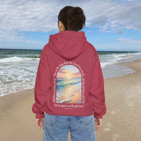 Model of The Day the Lord Has Made Christian Hoodie - Comfort Colors Beach Sunset Psalm 118:24 Christian Sweatshirt 42