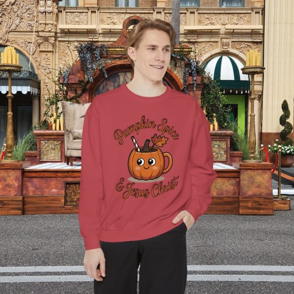 Model of Pumpkin Spice and Jesus Christ Fall Christian Sweatshirt 50