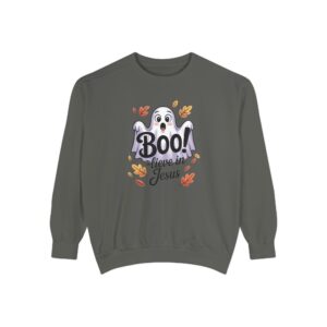 Gray Boo! -lieve in Jesus Halloween Sweatshirt, design showing a cute ghost with fall leaves.