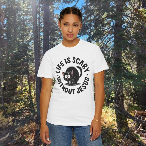 Model of Life Is Scary Without Jesus Christian T-Shirt - Scared Black Cat Tee 12