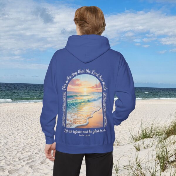 Model of The Day the Lord Has Made Christian Hoodie - Comfort Colors Beach Sunset Psalm 118:24 Christian Sweatshirt 26
