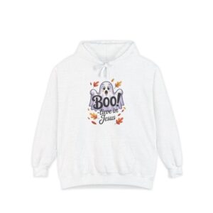Model on a Halloween set wearing a White Boo! -lieve in Jesus Halloween Hoodie, design showing a cute ghost with fall leaves.