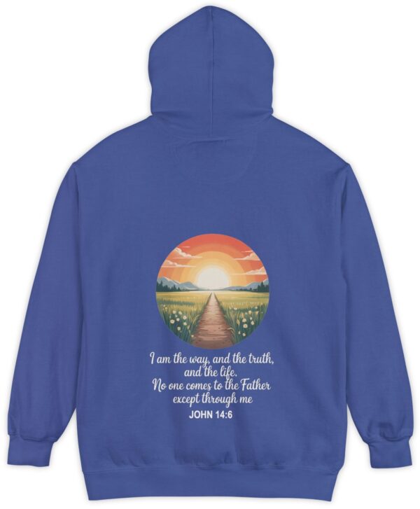 Royal blue Comfort Color hoodie sweatshirt with a sunset sunrise in a field with a path through a meadow and mountains in the background with I am the way, and the truth, and the life. No one comes to the Father except through me printed on it. John 14:6