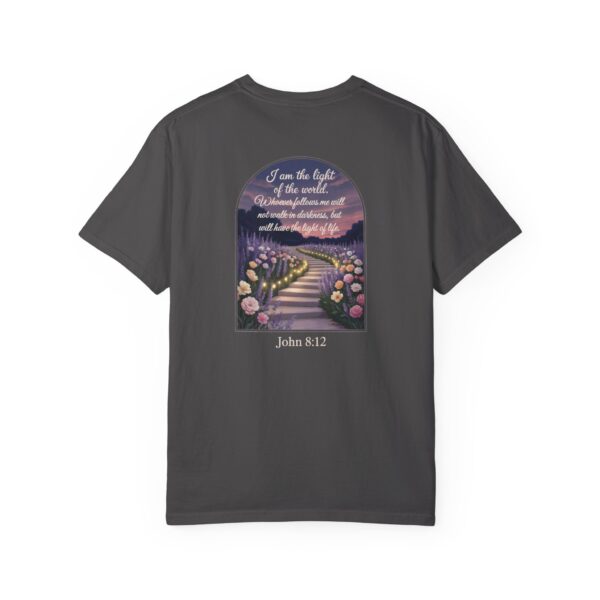 Gray Christian t-shirt with John 8:12 scripture, lit stairway path with flowers and sunset design.