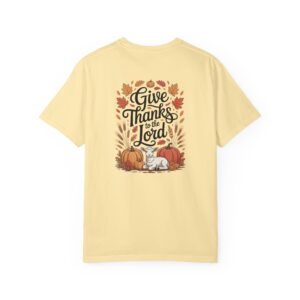 Yellow Give Thanks to the Lord t-shirt with Thanksgiving design showing a lamb, pumpkins, and fall leaves.