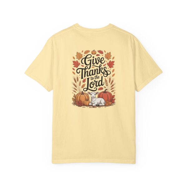 Yellow Give Thanks to the Lord t-shirt with Thanksgiving design showing a lamb, pumpkins, and fall leaves.