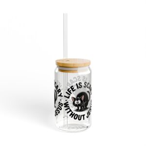 Life is Scary Without Jesus Christian 16oz Sipper Glass - Adorable Black Cat - Image 7