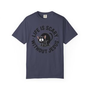 Life Is Scary Without Jesus Christian T-Shirt - Scared Black Cat Tee - Image 41
