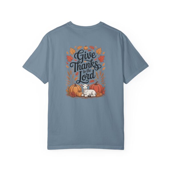 Blue Give Thanks to the Lord t-shirt with Thanksgiving design showing a lamb, pumpkins, and fall leaves.