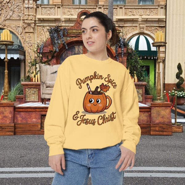 Model of Pumpkin Spice and Jesus Christ Fall Christian Sweatshirt 1