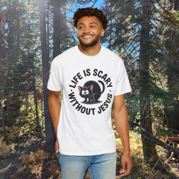 Model of Life Is Scary Without Jesus Christian T-Shirt - Scared Black Cat Tee 10