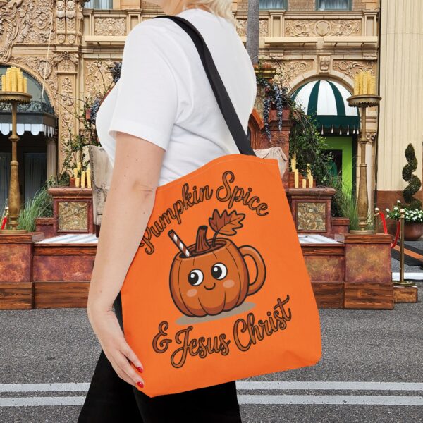 Model of Pumpkin Spice and Jesus Christ Christian Tote Bag – Canvas Fall Tote Bag 14
