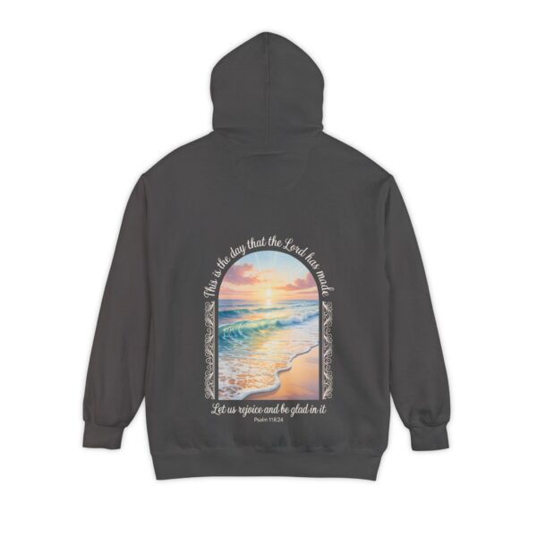 Model of The Day the Lord Has Made Christian Hoodie - Comfort Colors Beach Sunset Psalm 118:24 Christian Sweatshirt 16