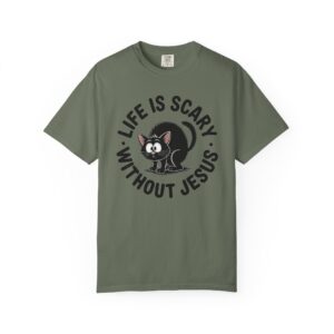 Life Is Scary Without Jesus Christian T-Shirt - Scared Black Cat Tee - Image 25