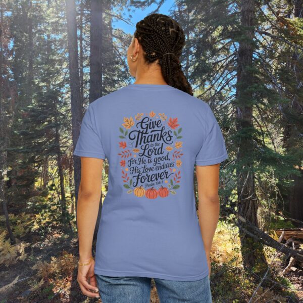 Model of Give Thanks to the Lord Fall Christian T-Shirt - Psalm 136:1 30