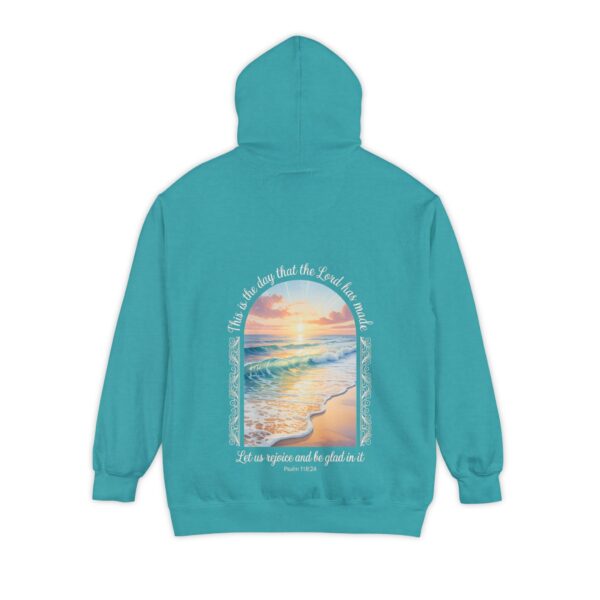 Model of The Day the Lord Has Made Christian Hoodie - Comfort Colors Beach Sunset Psalm 118:24 Christian Sweatshirt 4